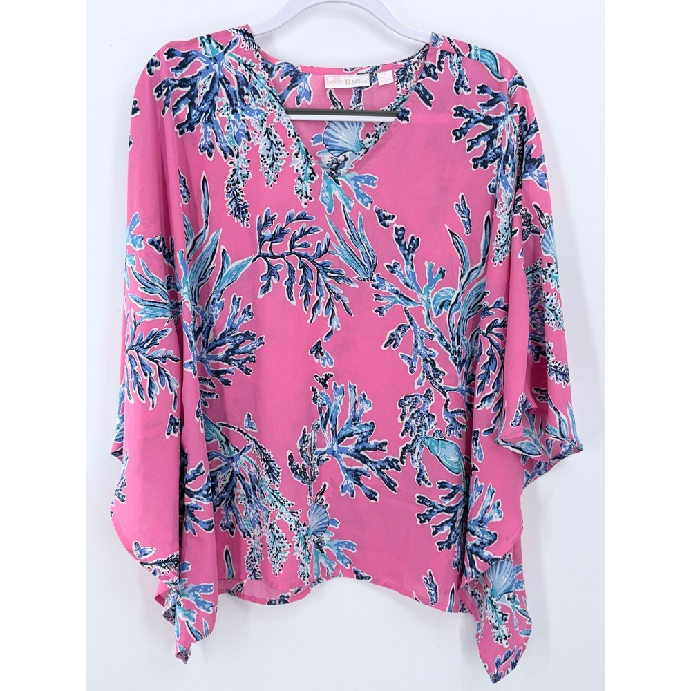 Belle By Kim Gravel Poncho Womens Medium Pink Blue Coral Sea Shell Print V-Neck